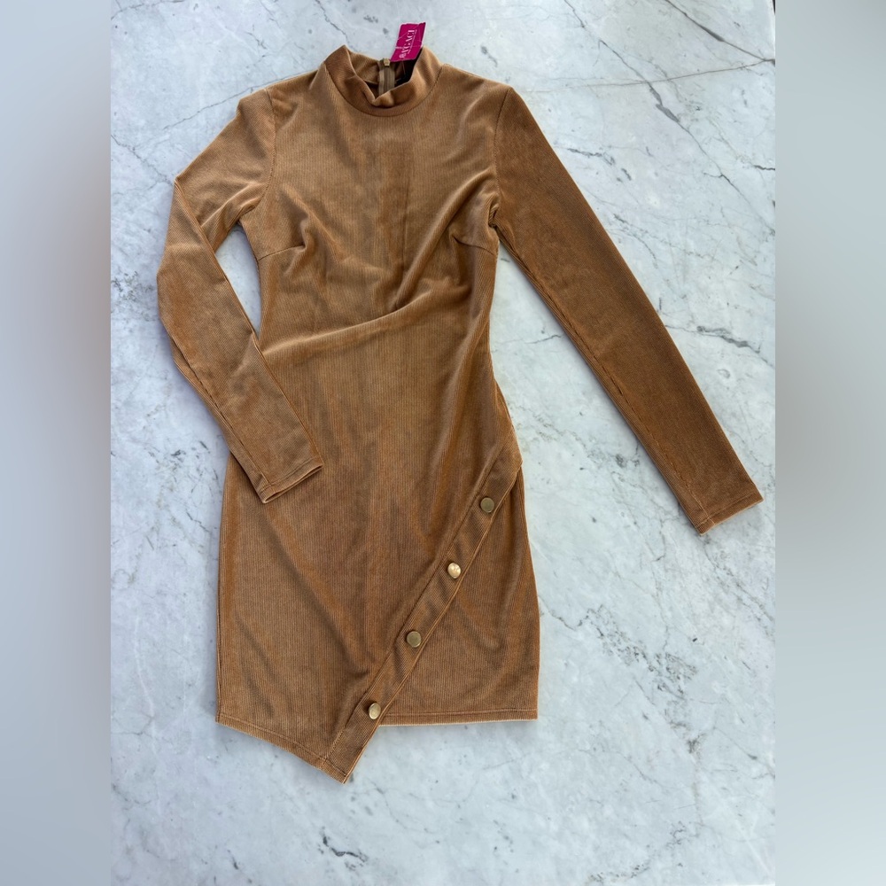 a'gaci Tan Long Sleeve Dress with Button Detail